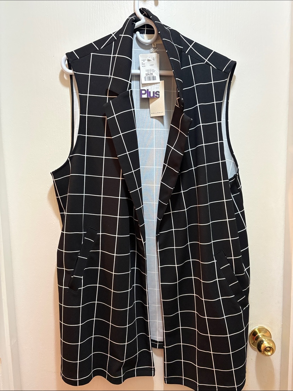 MELLODAY Black Windowpane Sleeveless Blazer Vest